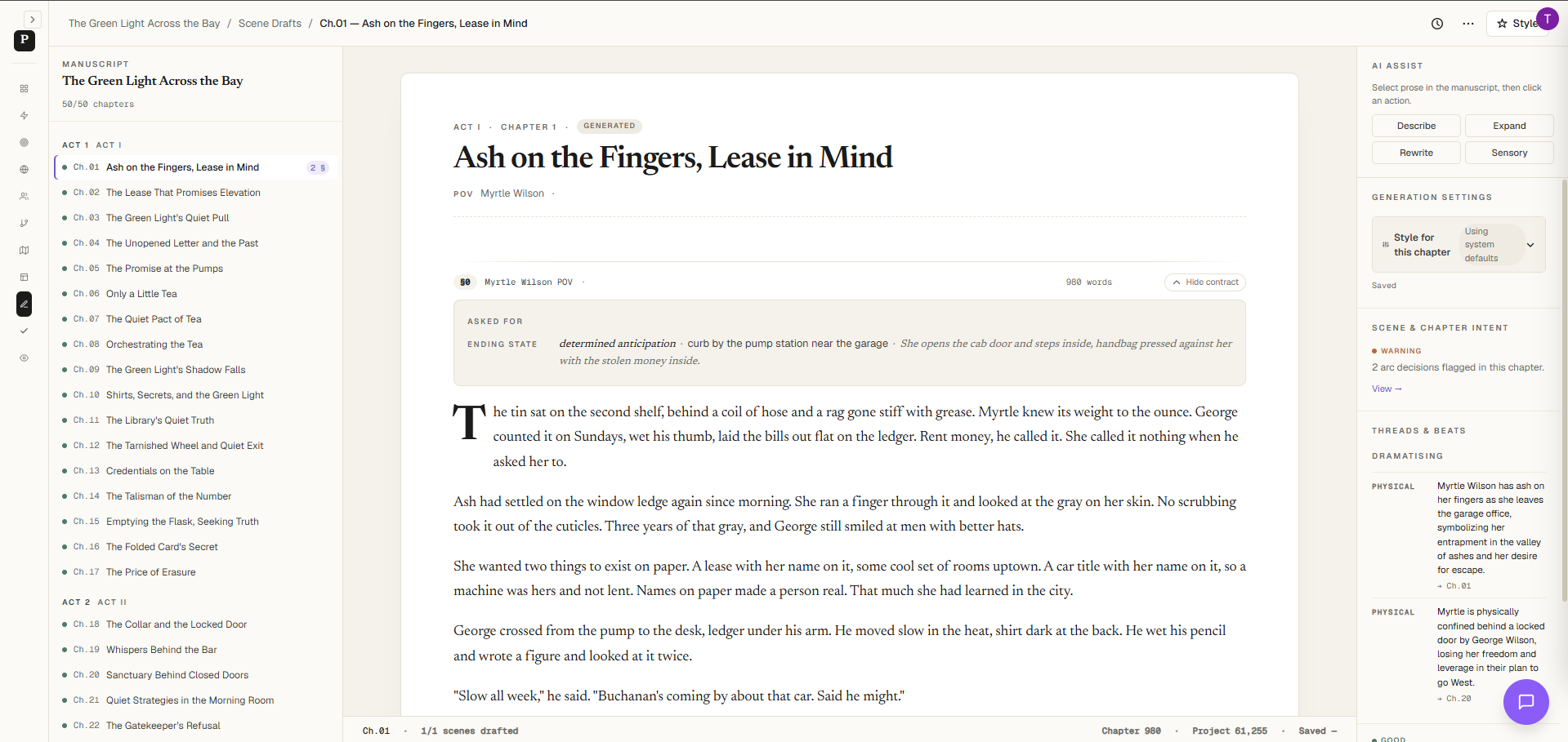 The draft reading view: generated prose in a clean, book-like column.