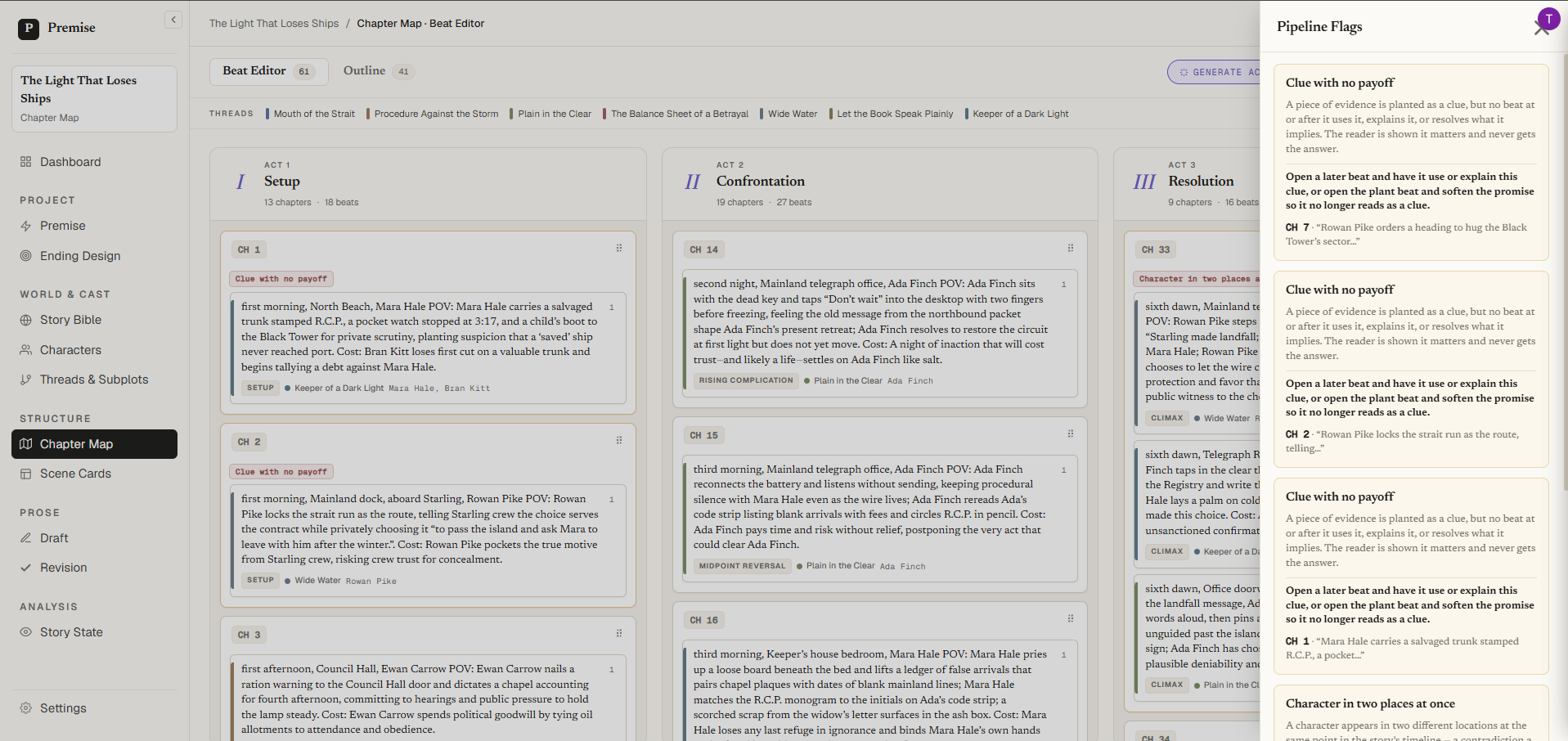 The pipeline-flags panel: continuity issues listed per chapter, each with a suggested fix.