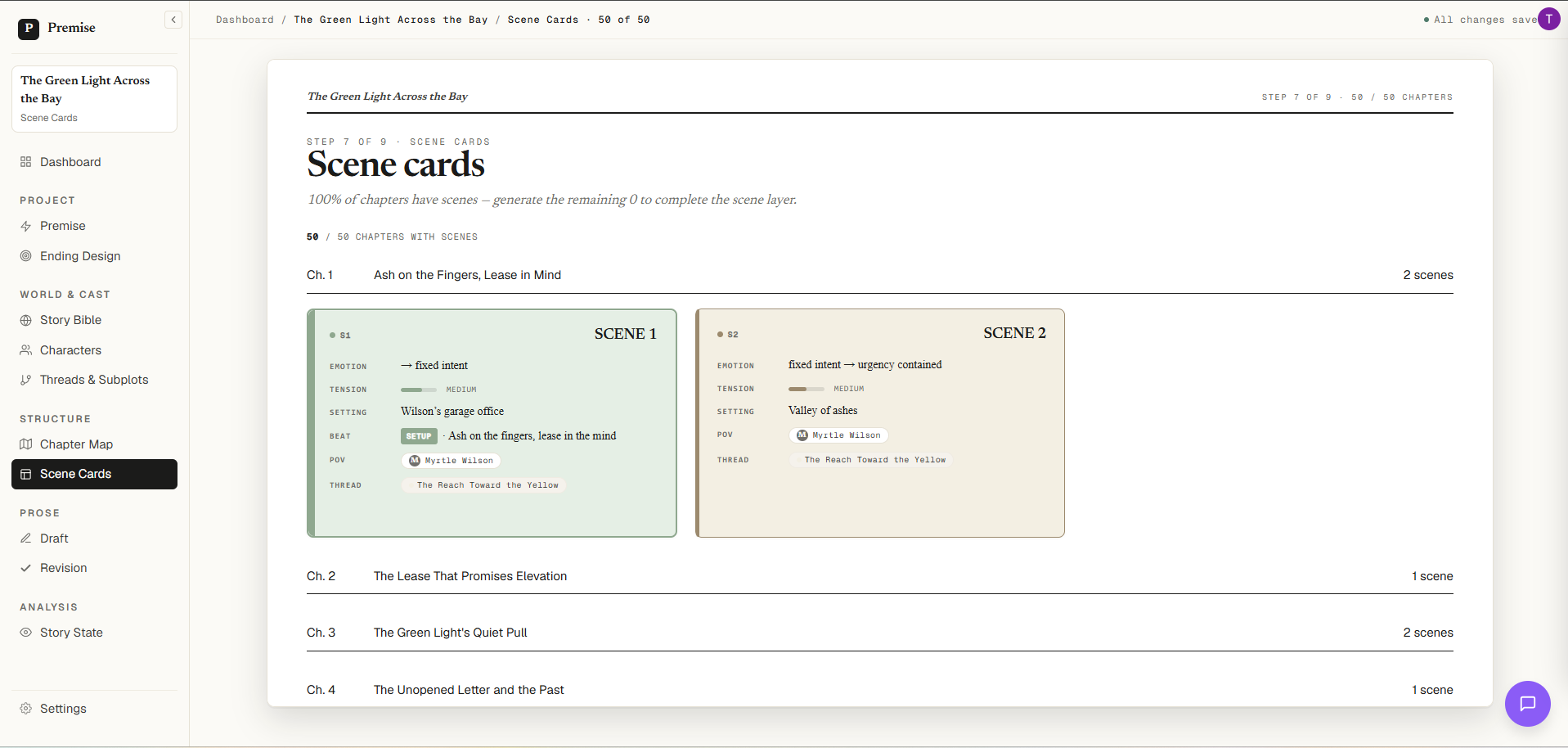 Scene cards: editable summary fields whose overrides survive regeneration.