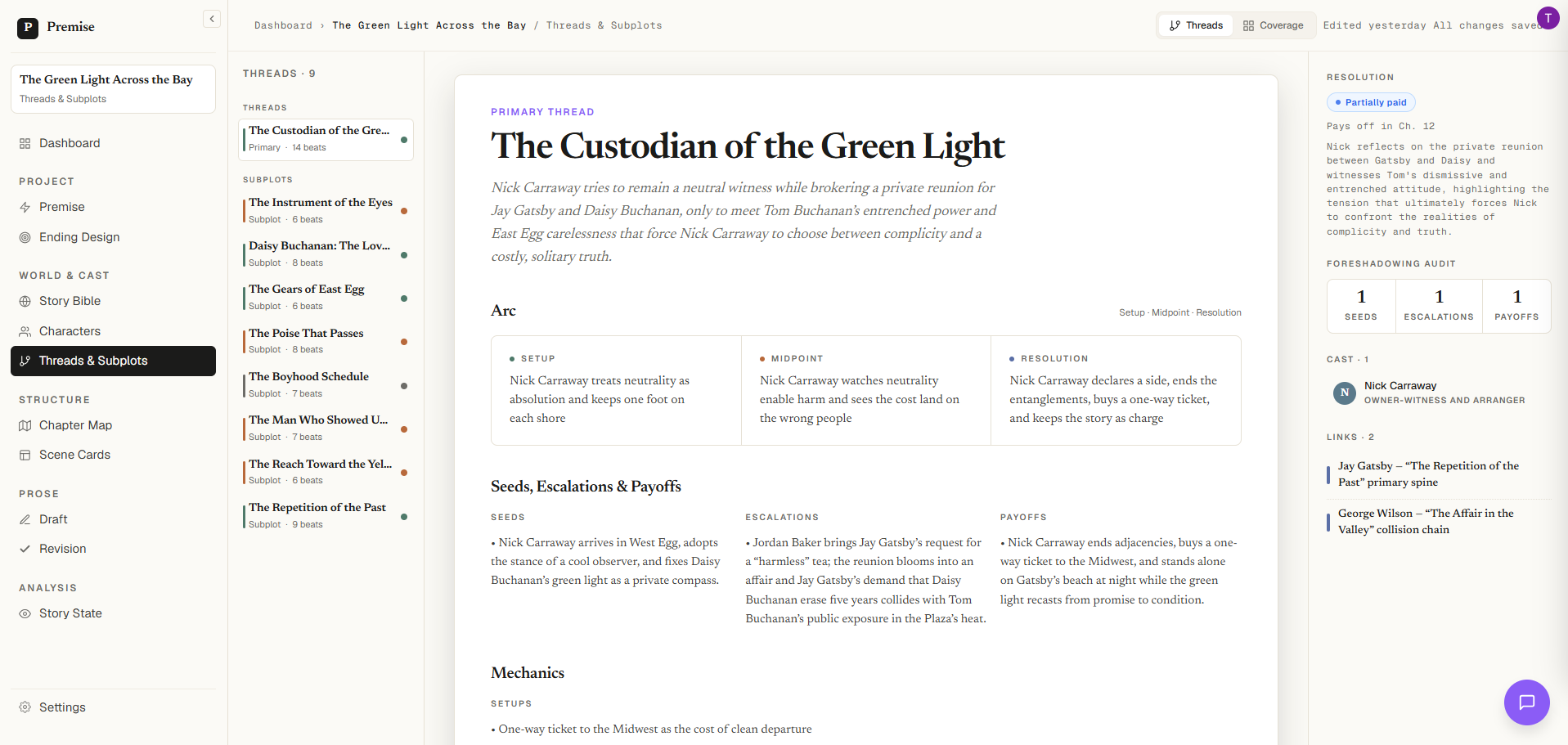 The threads view: story threads and subplots tracked across chapters.